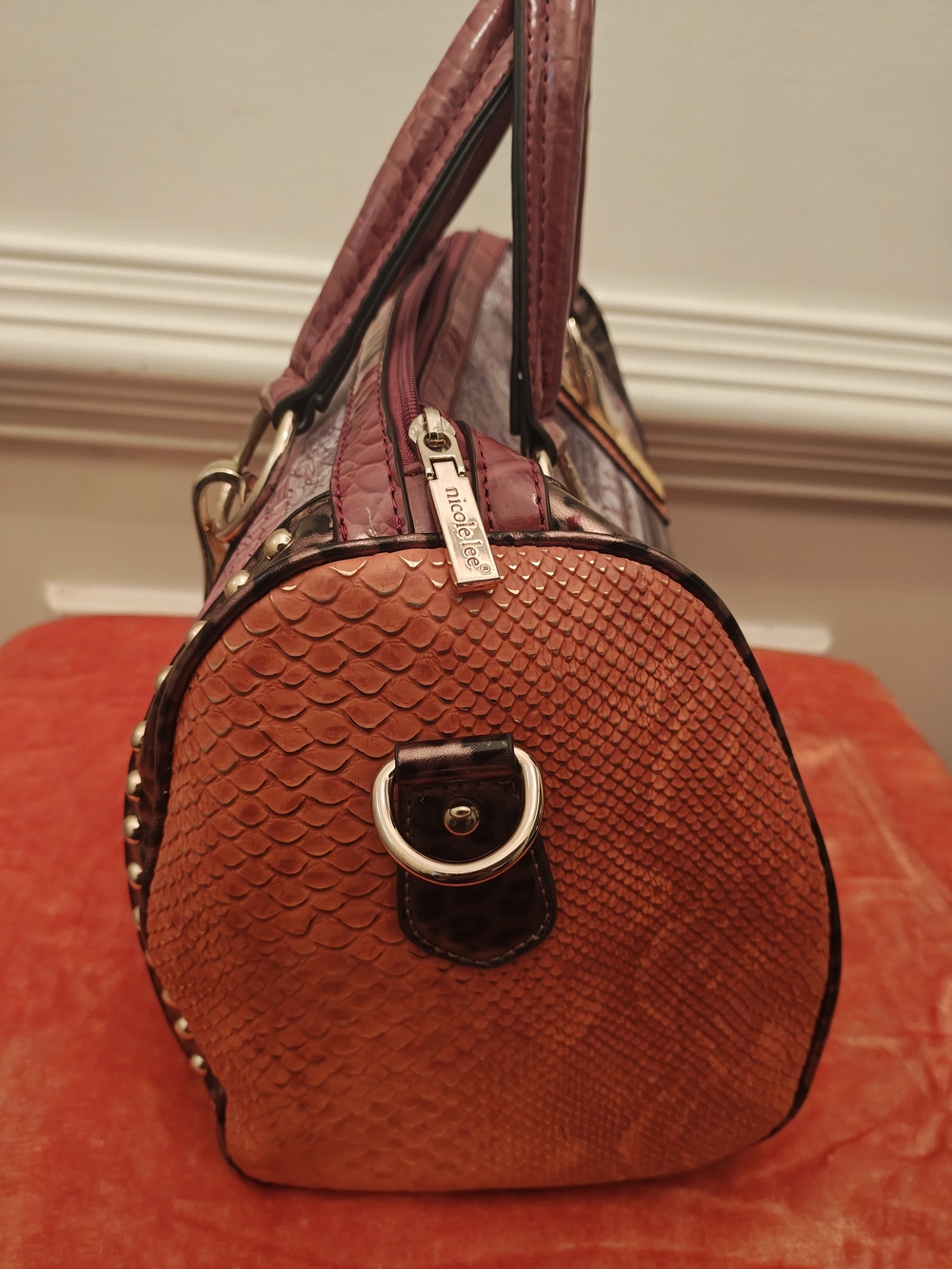 Nicole Lee London Print Dome Satchel - Maroon, Tan & Gold Accents - Picture 7 of 9